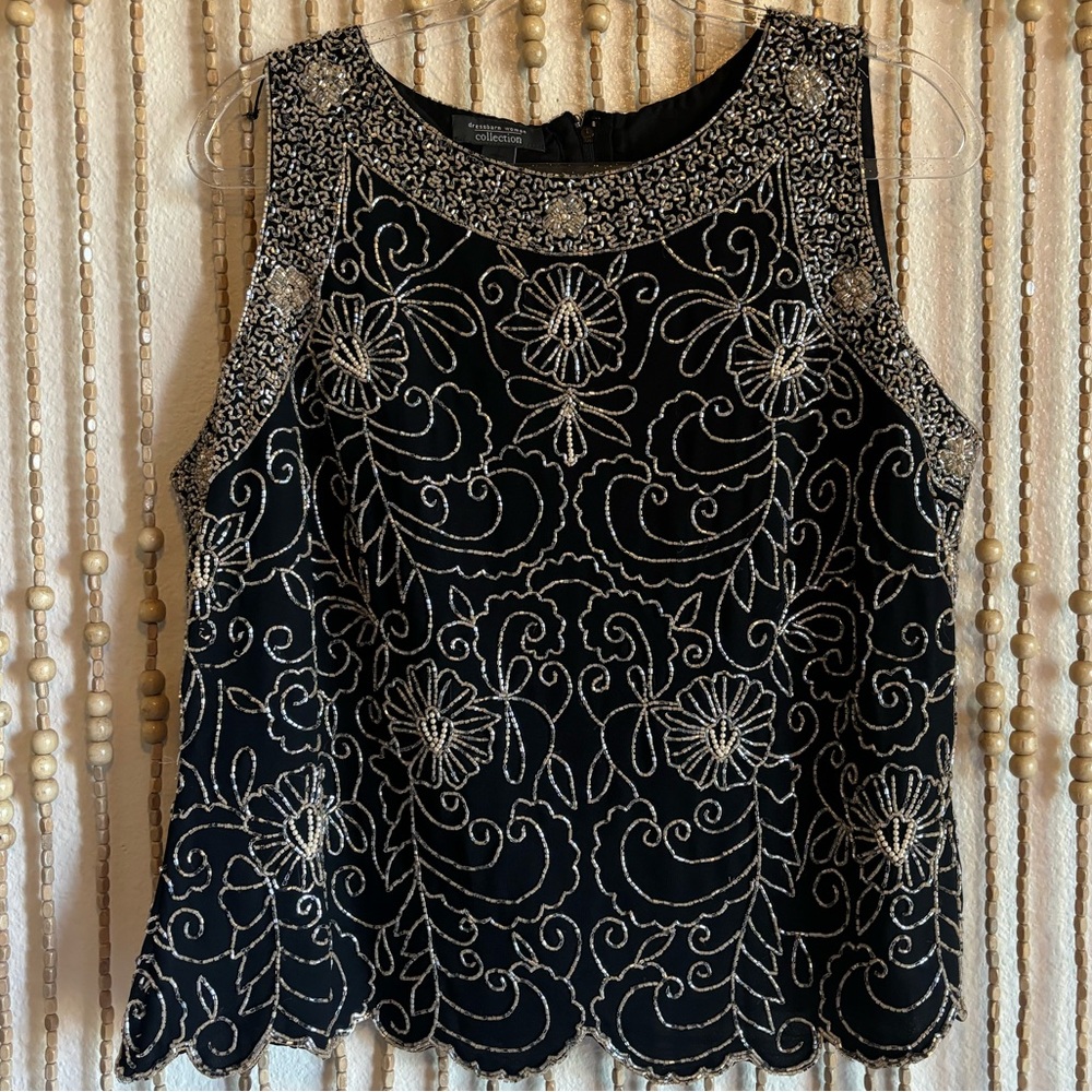 Vin Beaded Ornate Floral Scallop Hem Sleeveless Fairy Whimsy Shift Tank Blouse